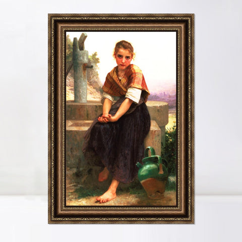 INVIN ART Framed Canvas Art Giclee Print The Broken Pitcher by William Adolphe Bouguereau Wall Art Living Room Home Office Decorations