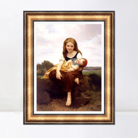 INVIN ART Framed Canvas Art Giclee Print The Elder Sister by William Adolphe Bouguereau Wall Art Living Room Home Office Decorations