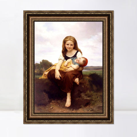 INVIN ART Framed Canvas Art Giclee Print The Elder Sister by William Adolphe Bouguereau Wall Art Living Room Home Office Decorations