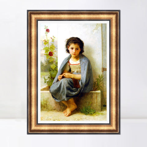 INVIN ART Framed Canvas Art Giclee Print The Little Knitter by William Adolphe Bouguereau Wall Art Living Room Home Office Decorations
