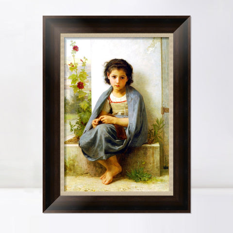 INVIN ART Framed Canvas Art Giclee Print The Little Knitter by William Adolphe Bouguereau Wall Art Living Room Home Office Decorations