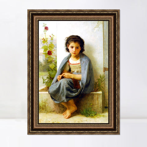 INVIN ART Framed Canvas Art Giclee Print The Little Knitter by William Adolphe Bouguereau Wall Art Living Room Home Office Decorations