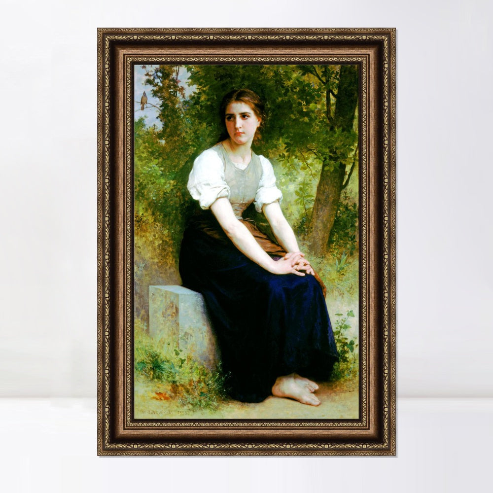 INVIN ART Framed Canvas Art Giclee Print Young Woman Sitting on a Stone Slab#101 by William Adolphe Bouguereau Wall Art Living Room Home Office Decorations