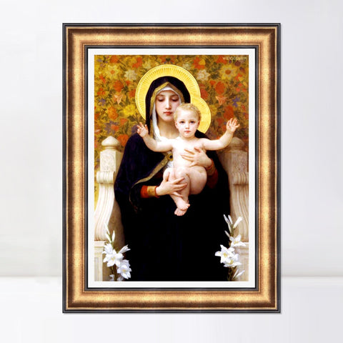 INVIN ART Framed Canvas Art Giclee Print The Madonna of the Lilies by William Adolphe Bouguereau Wall Art Living Room Home Office Decorations
