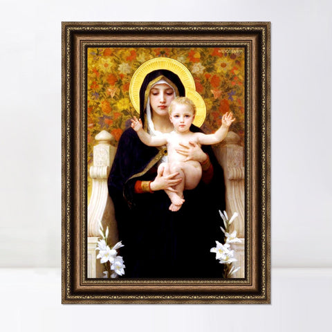 INVIN ART Framed Canvas Art Giclee Print The Madonna of the Lilies by William Adolphe Bouguereau Wall Art Living Room Home Office Decorations
