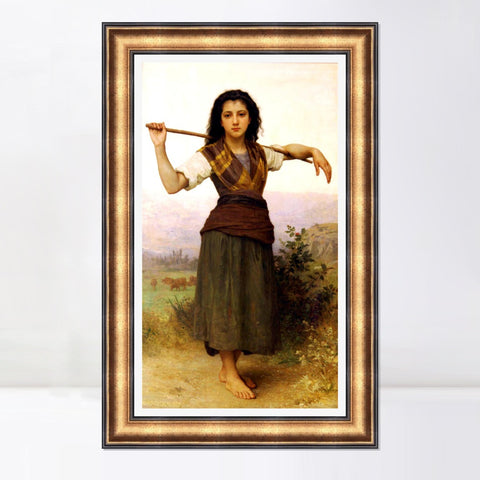 INVIN ART Framed Canvas Art Giclee Print The Shepherdess,1889 by William Adolphe Bouguereau Wall Art Living Room Home Office Decorations