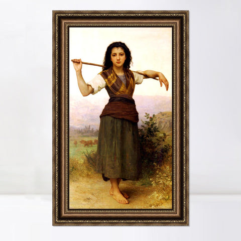 INVIN ART Framed Canvas Art Giclee Print The Shepherdess,1889 by William Adolphe Bouguereau Wall Art Living Room Home Office Decorations