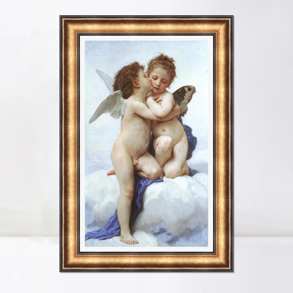 INVIN ART Framed Canvas Art Giclee Print Amor and Psyche, Children by William Adolphe Bouguereau Wall Art Living Room Home Office Decorations