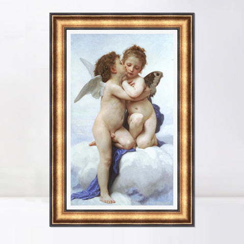 INVIN ART Framed Canvas Art Giclee Print Amor and Psyche, Children by William Adolphe Bouguereau Wall Art Living Room Home Office Decorations