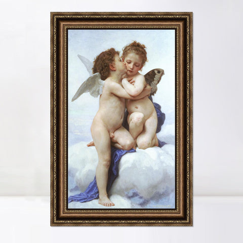 INVIN ART Framed Canvas Art Giclee Print Amor and Psyche, Children by William Adolphe Bouguereau Wall Art Living Room Home Office Decorations