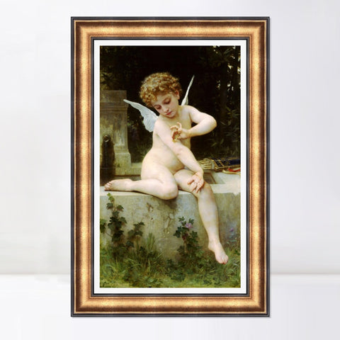 INVIN ART Framed Canvas Art Giclee Print Cupid with Butterfly by William Adolphe Bouguereau Wall Art Living Room Home Office Decorations