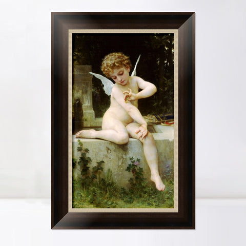 INVIN ART Framed Canvas Art Giclee Print Cupid with Butterfly by William Adolphe Bouguereau Wall Art Living Room Home Office Decorations