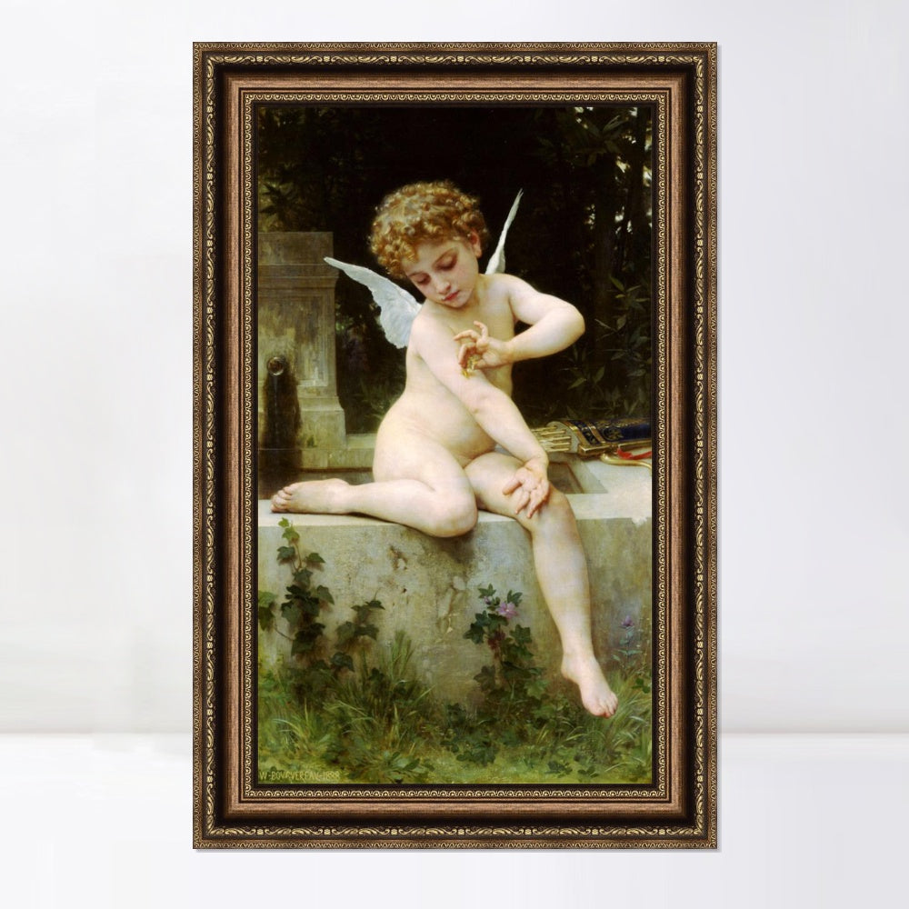 INVIN ART Framed Canvas Art Giclee Print Cupid with Butterfly by William Adolphe Bouguereau Wall Art Living Room Home Office Decorations