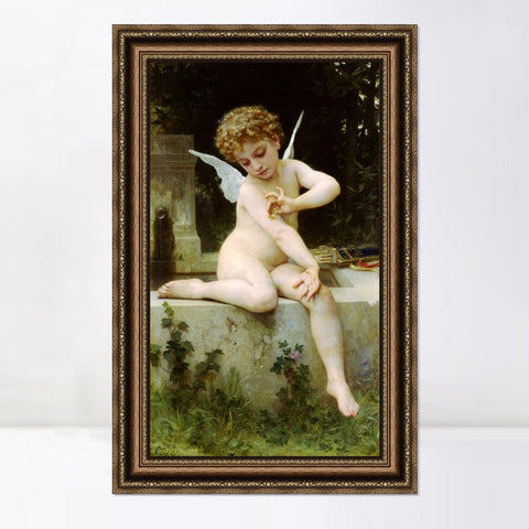 INVIN ART Framed Canvas Art Giclee Print Cupid with Butterfly by William Adolphe Bouguereau Wall Art Living Room Home Office Decorations