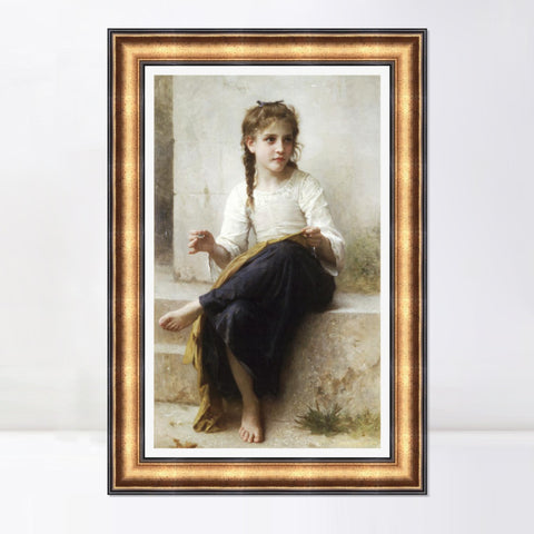 INVIN ART Framed Canvas Art Giclee Print Sewing,1898 by William Adolphe Bouguereau Wall Art Living Room Home Office Decorations