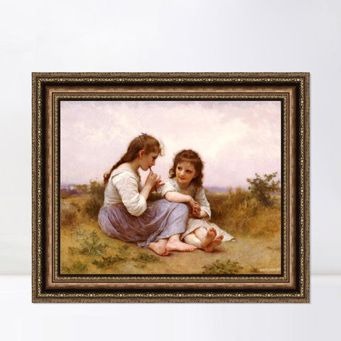 INVIN ART Framed Canvas Art Giclee Print 2 Little girls#144 by the Furies by William Adolphe Bouguereau Wall Art Living Room Home Office Decorations