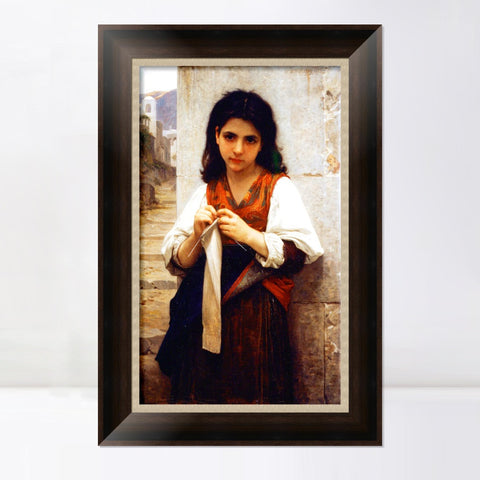 INVIN ART Framed Canvas Art Giclee Print The Knitting Girl by William Adolphe Bouguereau Wall Art Living Room Home Office Decorations