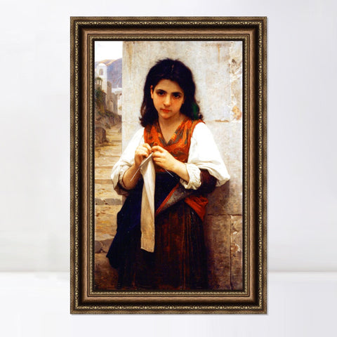 INVIN ART Framed Canvas Art Giclee Print The Knitting Girl by William Adolphe Bouguereau Wall Art Living Room Home Office Decorations