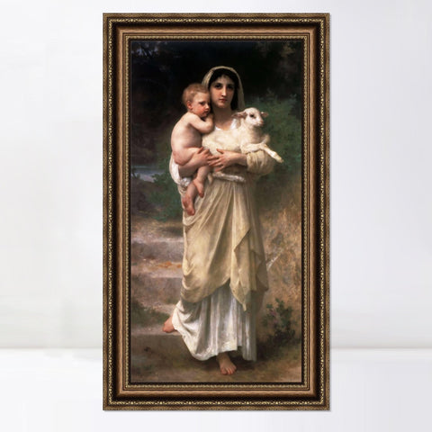 INVIN ART Framed Canvas Art Giclee Print Lambs#166 by William Adolphe Bouguereau Wall Art Living Room Home Office Decorations