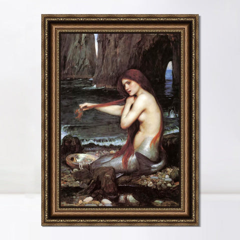 INVIN ART Framed Canvas Art Giclee Print A Mermaid 1900 by John William Waterhouse Wall Art Living Room Home Office Decorations