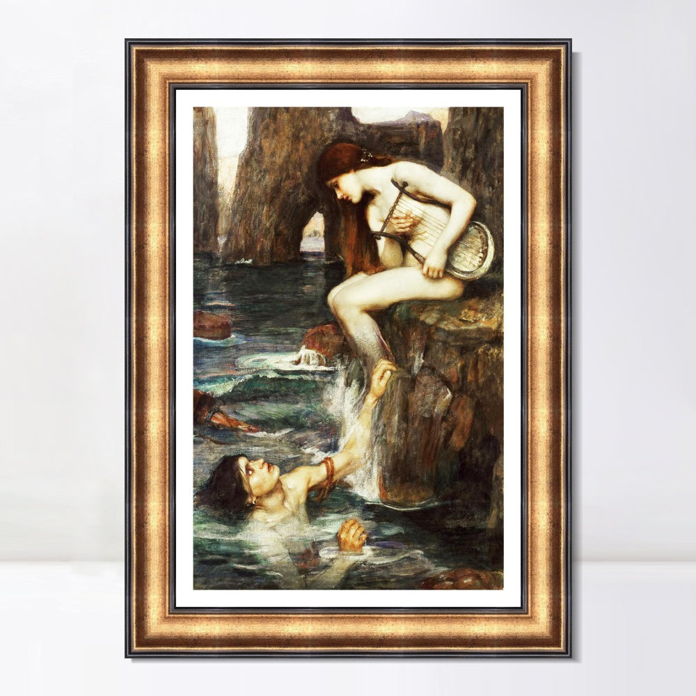 INVIN ART Framed Canvas Art Giclee Print The Siren by John William Waterhouse Wall Art
