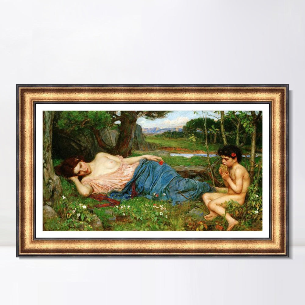 INVIN ART Framed Canvas Art Giclee Print Listening to His Sweet Pipings by John William Waterhouse Wall Art