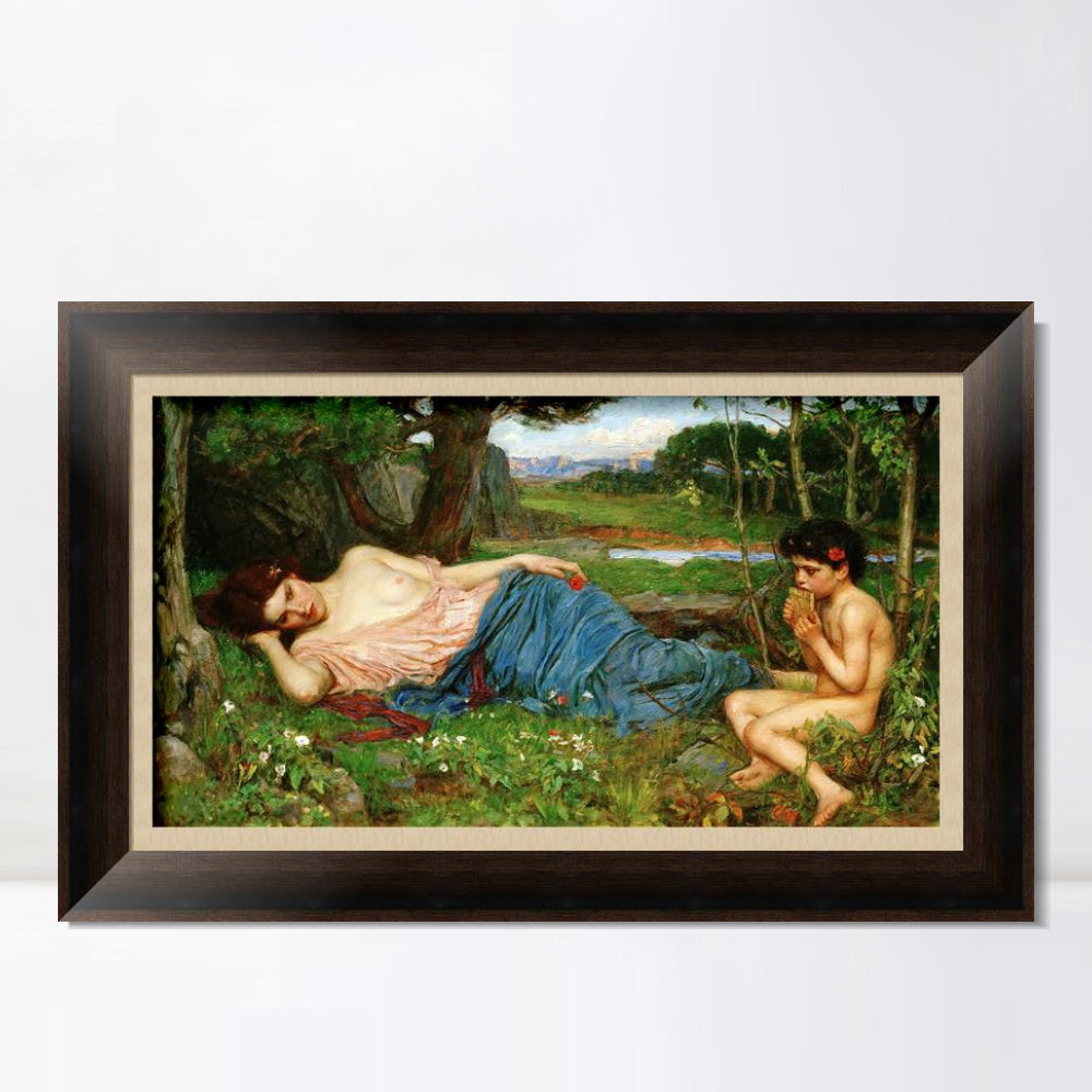INVIN ART Framed Canvas Art Giclee Print Listening to His Sweet Pipings by John William Waterhouse Wall Art