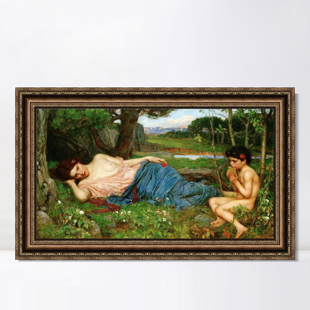 INVIN ART Framed Canvas Art Giclee Print Listening to His Sweet Pipings by John William Waterhouse Wall Art