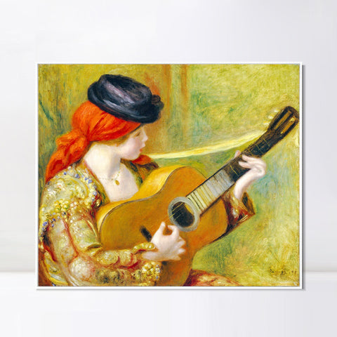 INVIN ART Framed Canvas Young Spanish Woman with a Guitar by Pierre Auguste Renoir Wall Art Living Room Home Office Decorations