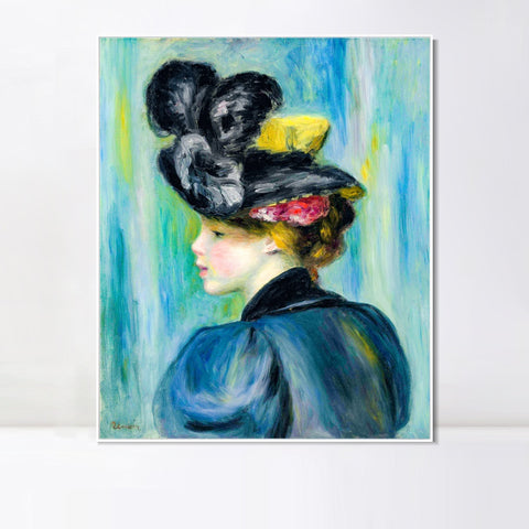 INVIN ART Framed Canvas JEUNE FEMME AU CHAPEAU NOIR by Pierre Auguste Renoir Wall Art Living Room Home Office Decorations
