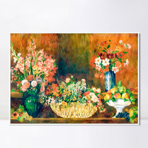 INVIN ART Framed Canvas Still Life with Flowers and Fruit by Pierre Auguste Renoir Wall Art Living Room Home Office Decorations