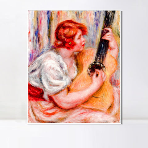 INVIN ART Framed Canvas Woman with a Guitar by Pierre Auguste Renoir Wall Art Living Room Home Office Decorations
