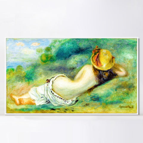 INVIN ART Framed Canvas BAIGNEUSE ALLONGEE DE DOS AVEC UN CHAPEAU DE PAILLE OR FEMME COUCHEE SUR L'HERBE by Pierre Auguste Renoir Wall Art Living Room Home Office Decorations