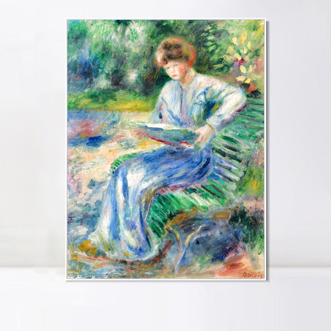 INVIN ART Framed Canvas FEMME LISANT SUR UN BANC by Pierre Auguste Renoir Wall Art Living Room Home Office Decorations