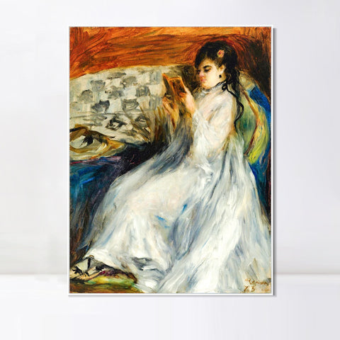 INVIN ART Framed Canvas JEUNE FEMME EN BLANC LISANT by Pierre Auguste Renoir Wall Art Living Room Home Office Decorations