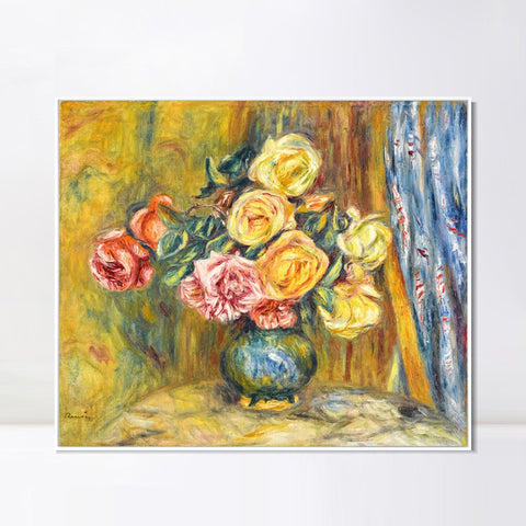 INVIN ART Framed Canvas LES ROSES AU RIDEAU BLEU by Pierre Auguste Renoir Wall Art Living Room Home Office Decorations