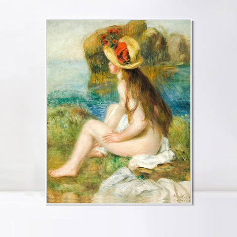 INVIN ART Framed Canvas NU AU CHAPEAU DE PAILLE ASSIS EN BORDURE DE MER by Pierre Auguste Renoir Wall Art Living Room Home Office Decorations