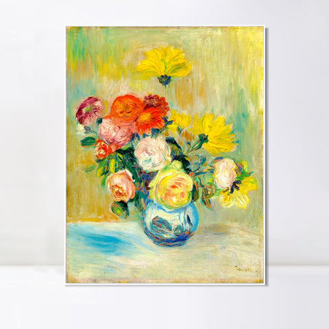 INVIN ART Framed Canvas VASE DE ROSES ET DAHLIAS by Pierre Auguste Renoir Wall Art Living Room Home Office Decorations