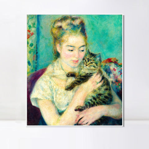 INVIN ART Framed Canvas Woman with a Cat by Pierre Auguste Renoir Wall Art Living Room Home Office Decorations