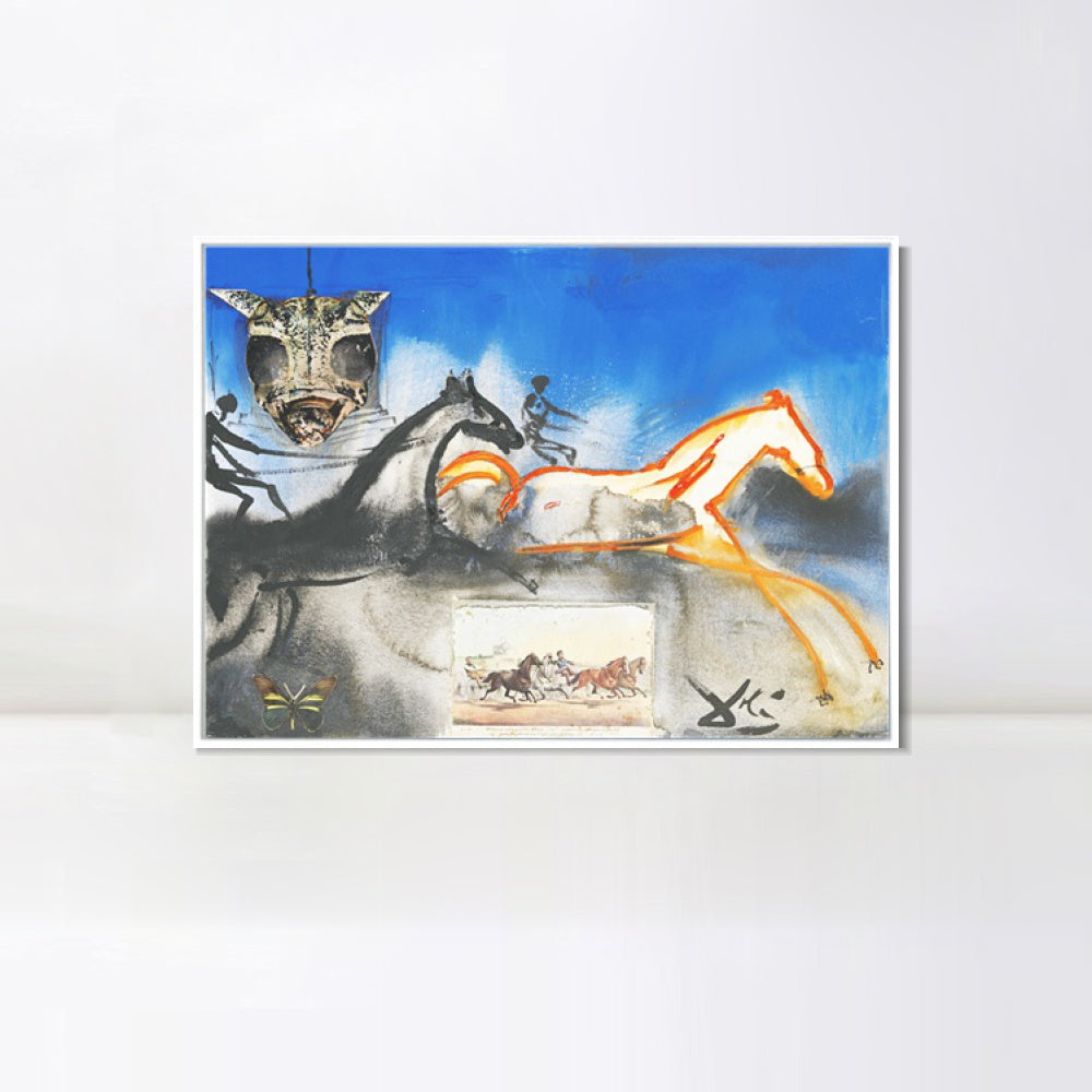 INVIN ART Framed Canvas American Trotting Horses No. 2 (Currier And Ives) 1971 by Salvador Dal Wall Art Living Room Home Office Decorations