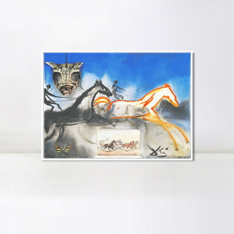 INVIN ART Framed Canvas American Trotting Horses No. 2 (Currier And Ives) 1971 by Salvador Dal Wall Art Living Room Home Office Decorations