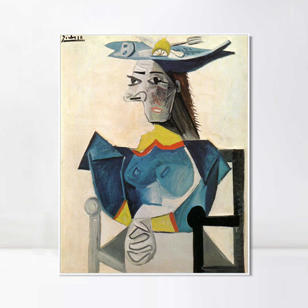 INVIN ART Framed Canvas Giclee Print Art Woman sitting in hat-fish by Pablo Picasso Wall Art