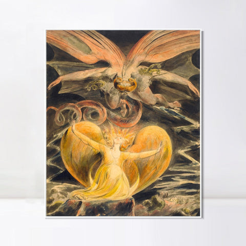 INVIN ART Framed Canvas Giclee Print Art Great RED Dragon Woman Clothed Sun by William Blake Wall Art Living Room Home Office Decorations