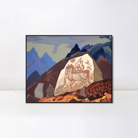 INVIN ART Framed Canvas Giclee Print White Stone Sign of Cintamani or Horse of Happiness, 1933 by Nicholas Roerich Wall Art Living Room Home Office Decorations