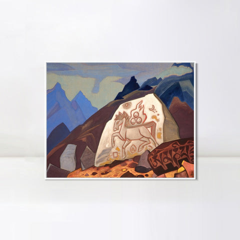 INVIN ART Framed Canvas Giclee Print White Stone Sign of Cintamani or Horse of Happiness, 1933 by Nicholas Roerich Wall Art Living Room Home Office Decorations