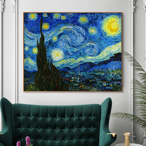 INVIN ART 100% Hand Painted Framed Canvas Starry Night by Vincent Van Gogh,Famous Oil Paintings Reproduction Modern Artwork Wall Art
