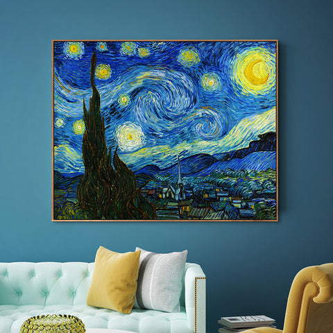 INVIN ART 100% Hand Painted Framed Canvas Starry Night by Vincent Van Gogh,Famous Oil Paintings Reproduction Modern Artwork Wall Art