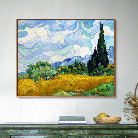 INVIN ART 100% Hand Painted Framed Canvas Wheat Field with Cypresses by Vincent Van Gogh,Famous Oil Paintings Reproduction Modern Artwork Wall Art