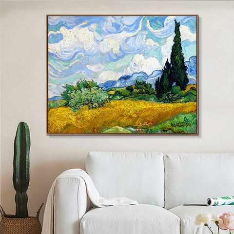 INVIN ART 100% Hand Painted Framed Canvas Wheat Field with Cypresses by Vincent Van Gogh,Famous Oil Paintings Reproduction Modern Artwork Wall Art