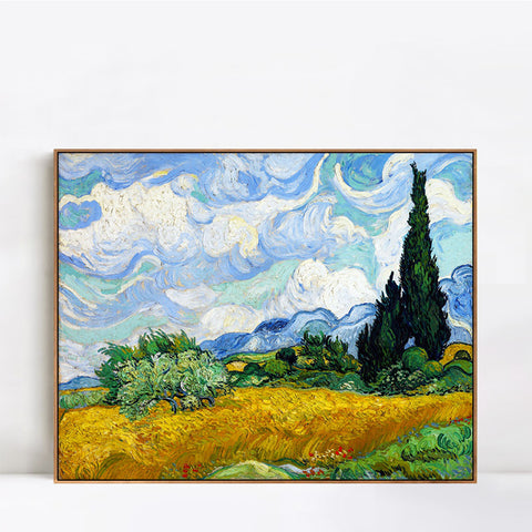 INVIN ART 100% Hand Painted Framed Canvas Wheat Field with Cypresses by Vincent Van Gogh,Famous Oil Paintings Reproduction Modern Artwork Wall Art